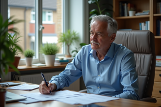 Homme d'âge mûr en bureau lisant des documents de retraite