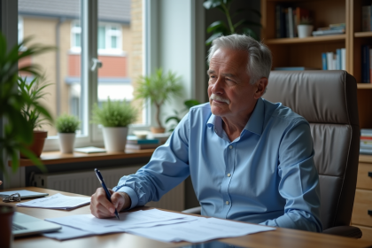 Homme d'âge mûr en bureau lisant des documents de retraite