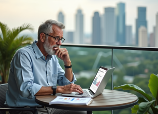 Homme d'âge moyen regardant un graphique de retraite sur son ordinateur