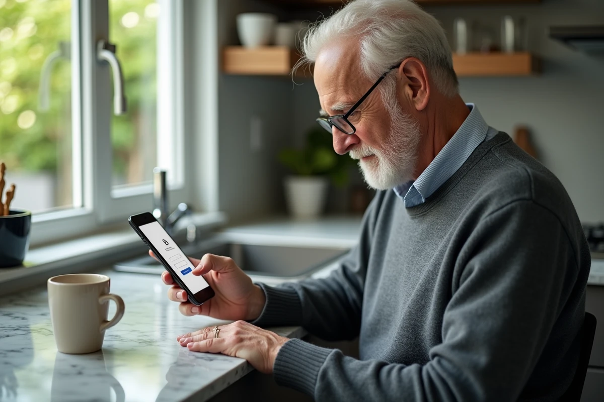 Homme âgé vérifiant son application bancaire sur smartphone