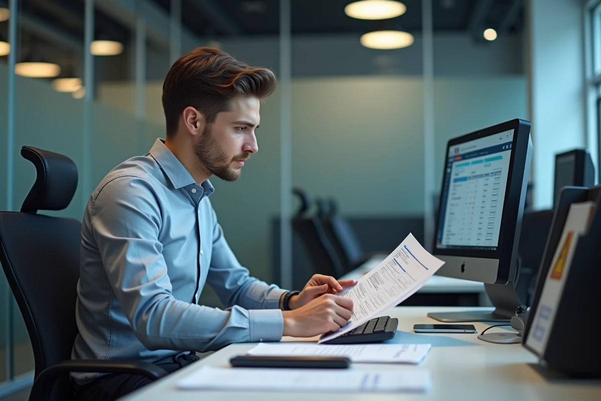 Jeune homme au bureau consulte ses relevés bancaires