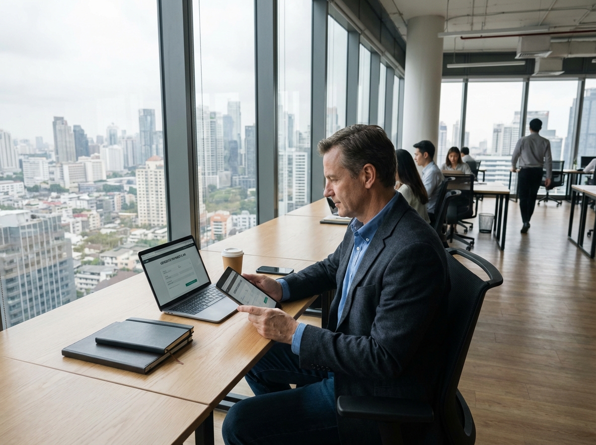 Homme d affaires utilisant une tablette dans un bureau moderne