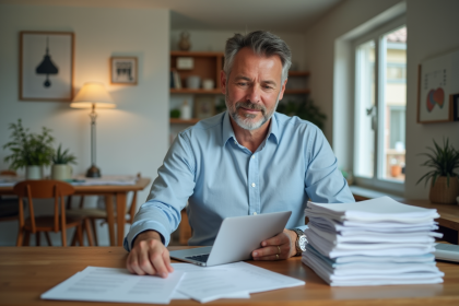 Homme d'âge moyen travaillant à un bureau Airbnb organisé