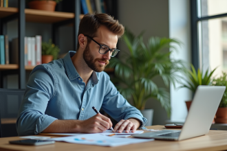 Homme en télétravail étudiant des graphiques sur son ordinateur
