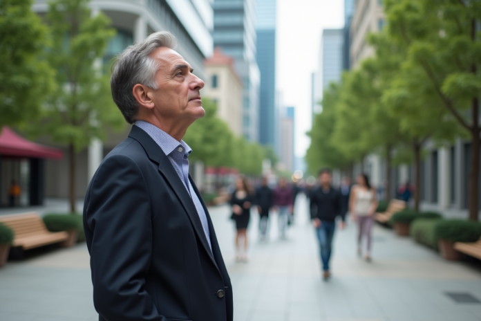 homme-urbain-reflexion Homme d'âge moyen dans une ville moderne en réflexion