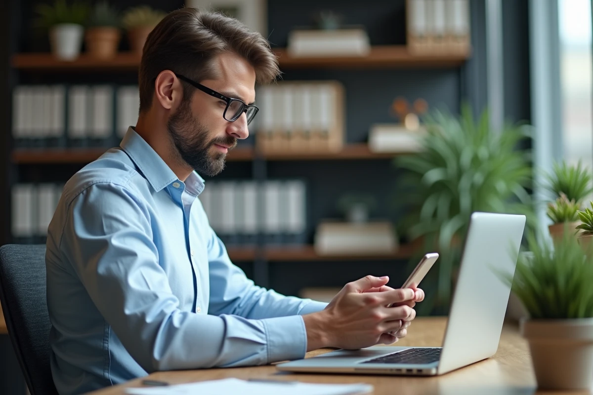 Homme vérifiant son application bancaire sur smartphone au bureau
