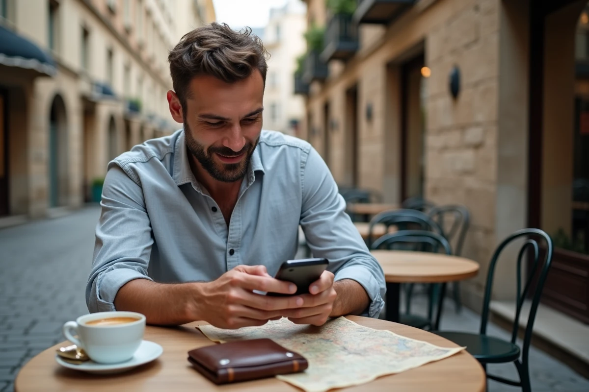 Homme en voyage en Europe consultant son application bancaire Nickel depuis une terrasse de café avec portefeuille et carte