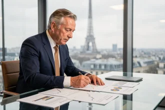 Homme d'affaires francilien analysant des tendances d'investissement FRCI en 2026 dans un bureau moderne parisien avec vue sur la ville