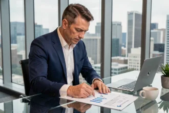 Investisseur professionnel analysant les avis et performances de la SCPI Primopierre dans un bureau moderne en ville