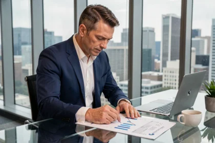 Investisseur professionnel analysant les avis et performances de la SCPI Primopierre dans un bureau moderne en ville