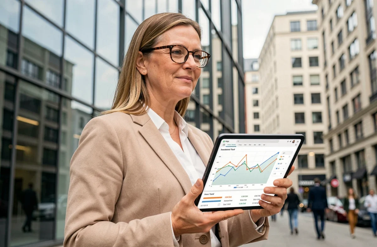 Femme investisseur analysant les rendements d'une SCPI diversifiée devant un immeuble commercial européen