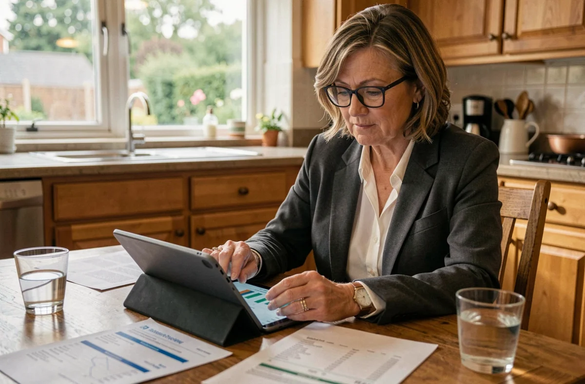 Femme investisseuse consultant des avis en ligne sur la SCPI Primopierre depuis son domicile sur une tablette