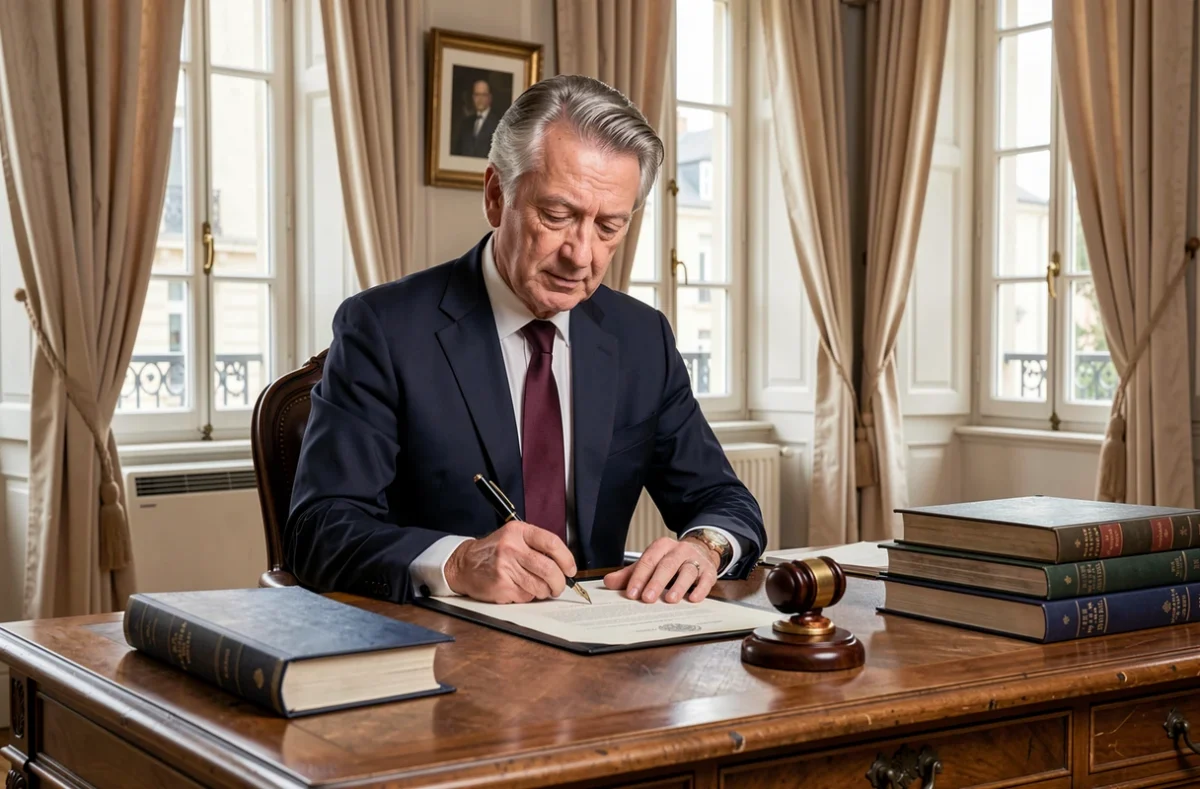 Jean-Noël Milcent, notaire, signant un acte officiel dans son étude traditionnelle