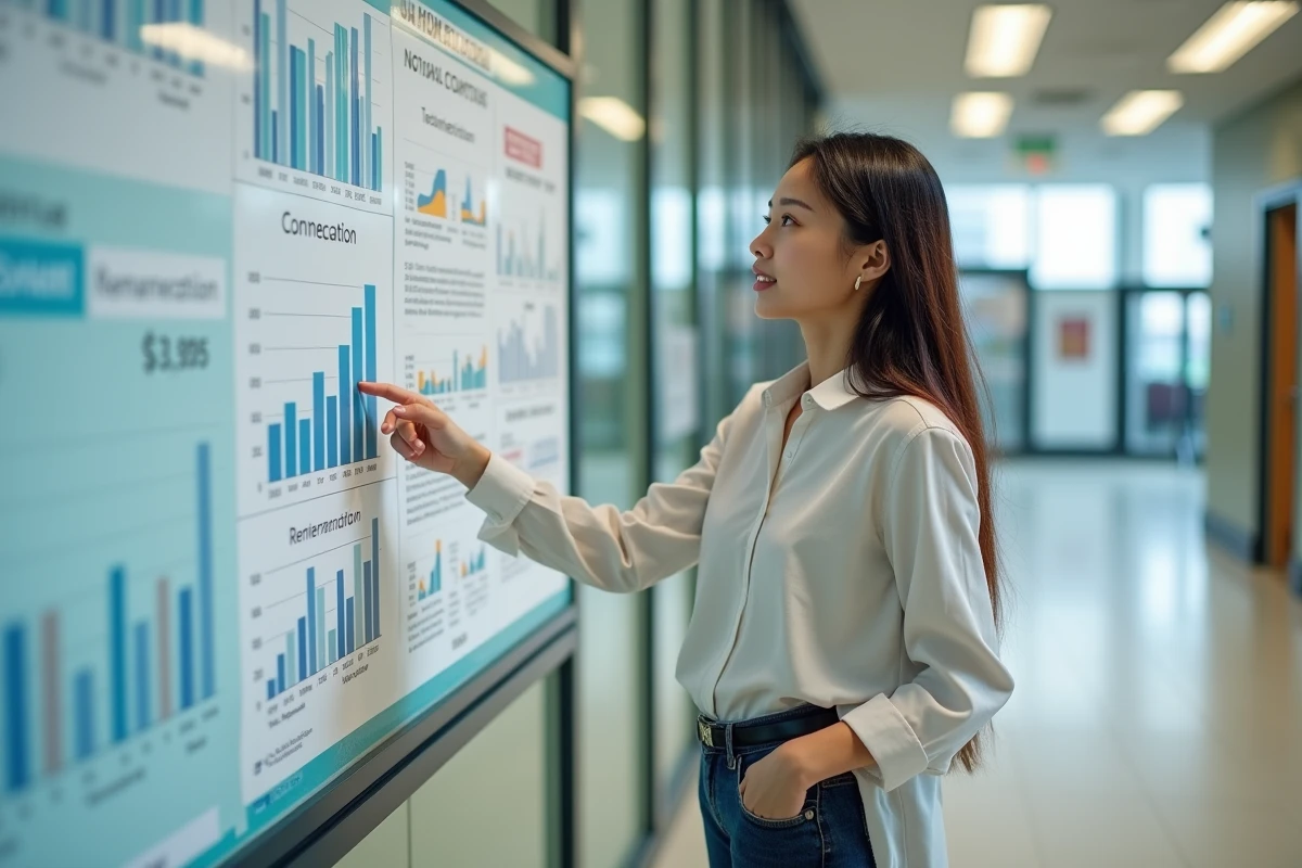 Jeune employée municipale pointant un graphique dans la salle
