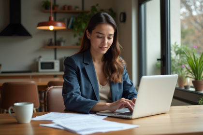 Jeune femme analysant des documents de prêt étudiant à la maison