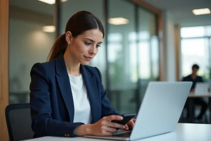 Jeune femme professionnelle concentrée au bureau avec ordinateur