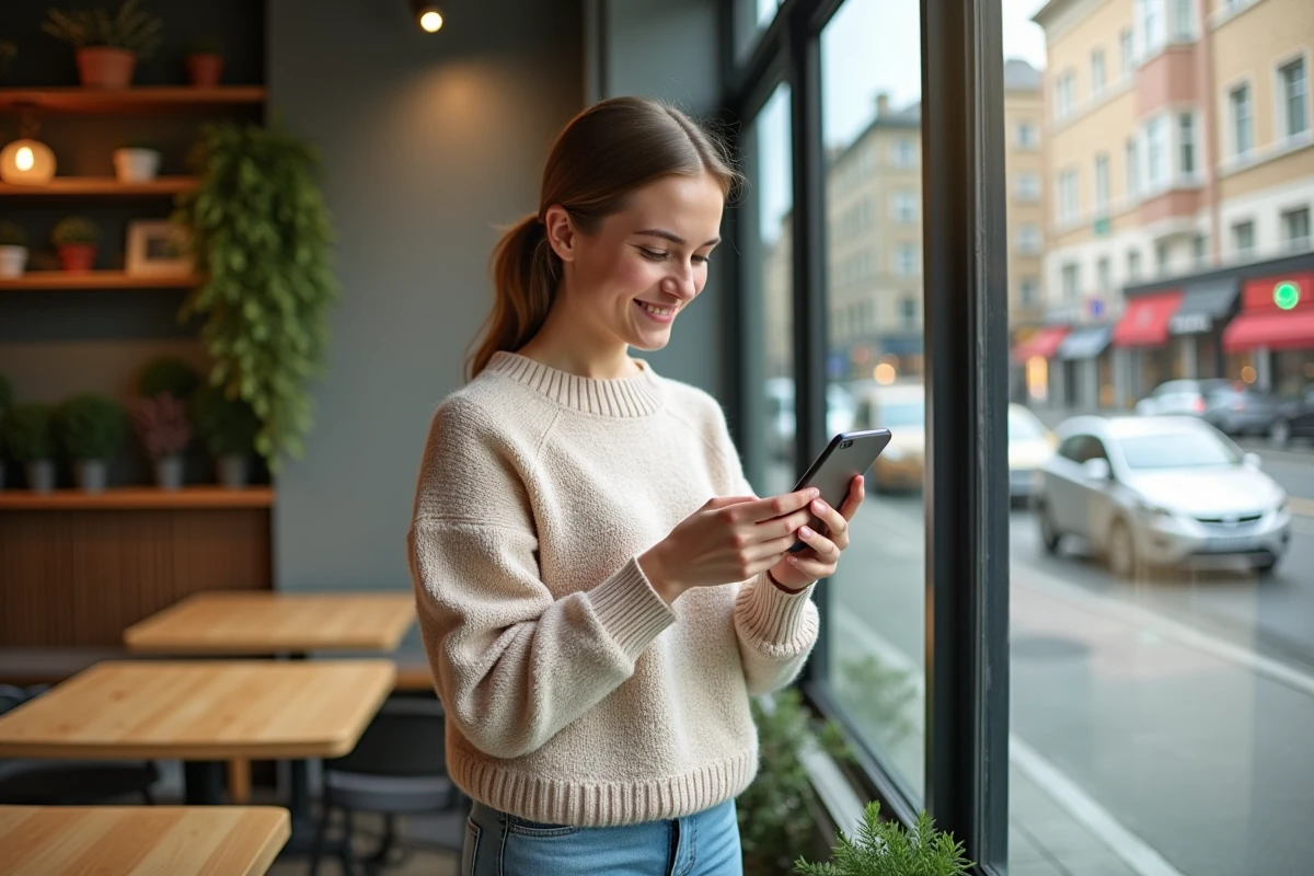 Jeune femme souriante utilisant son smartphone dans un café lumineux