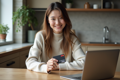 Jeune femme souriante avec carte prepayee dans une cuisine moderne