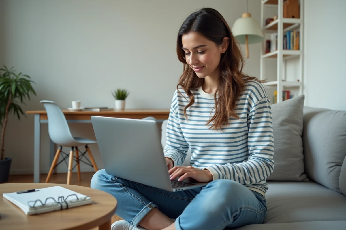 Jeune femme seule consultant son dossier RSA sur un ordinateur portable dans un petit appartement