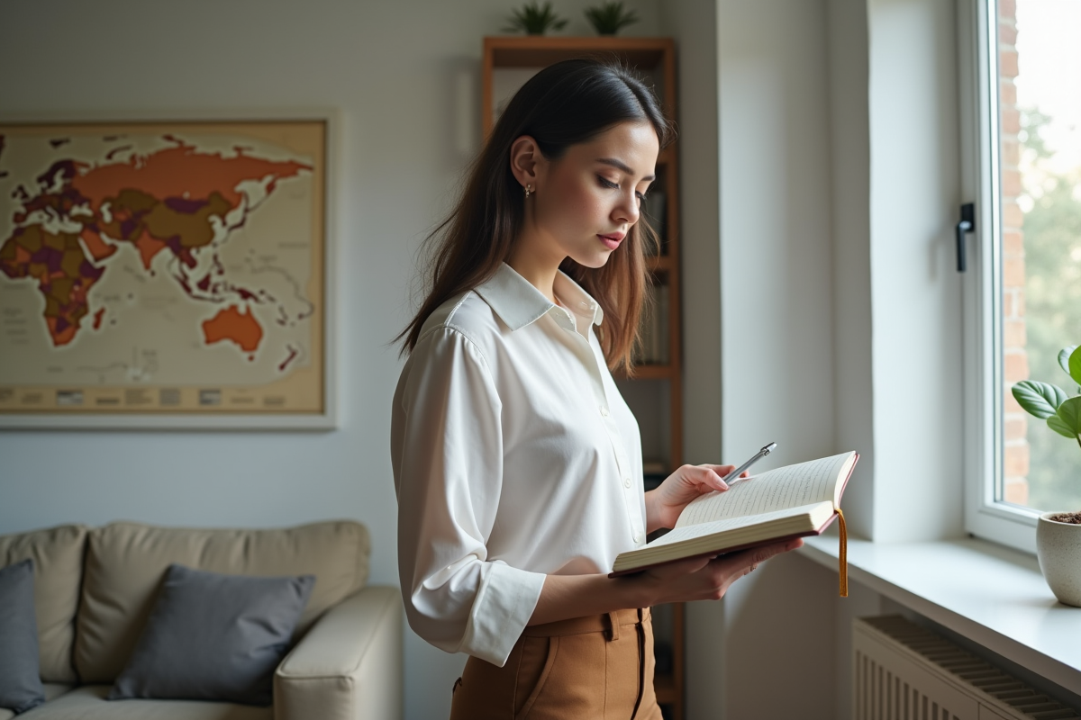 Jeune femme pensant avec un carnet dans un intérieur Airbnb lumineux