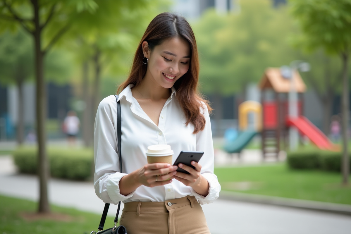 Jeune femme souriante dans un parc urbain avec smartphone