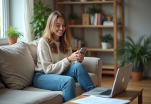 Prêts étudiants : les raisons de ne pas stresser Jeune femme détendue dans son salon avec ordinateur et documents