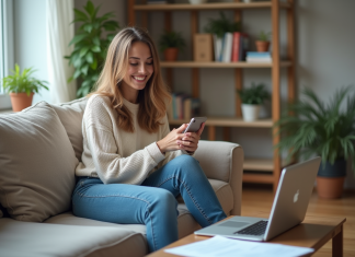 Prêts étudiants : les raisons de ne pas stresser Jeune femme détendue dans son salon avec ordinateur et documents