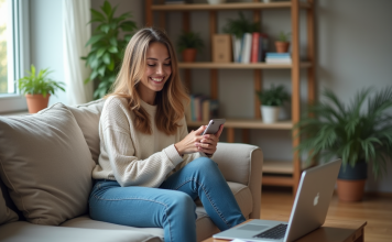 Prêts étudiants : les raisons de ne pas stresser Jeune femme détendue dans son salon avec ordinateur et documents