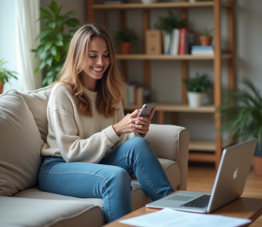 Prêts étudiants : les raisons de ne pas stresser Jeune femme détendue dans son salon avec ordinateur et documents