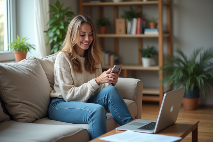 jeune-femme-salon-laptop Jeune femme détendue dans son salon avec ordinateur et documents