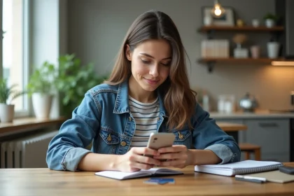 Jeune femme avec smartphone dans une cuisine lumineuse