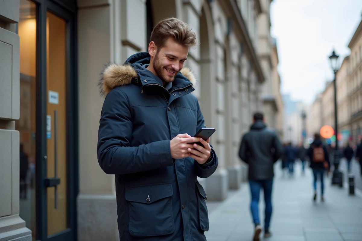 Jeune homme consulte une application bancaire en extérieur