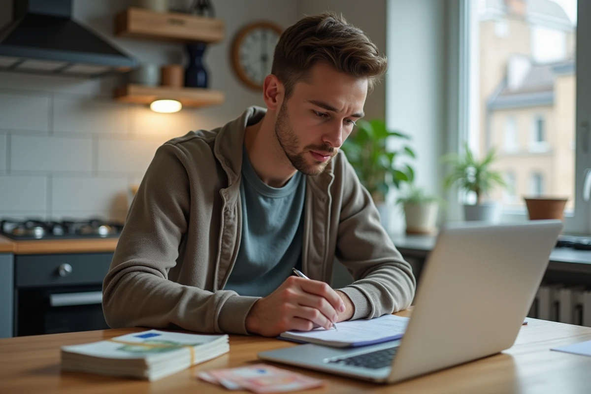 Jeune homme réfléchissant avec argent et ordinateur à la maison