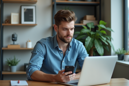 Jeune homme au bureau moderne avec ordinateur et smartphone