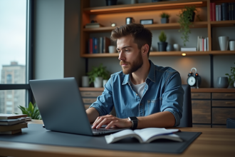 Jeune homme analysant des graphiques crypto sur son ordinateur