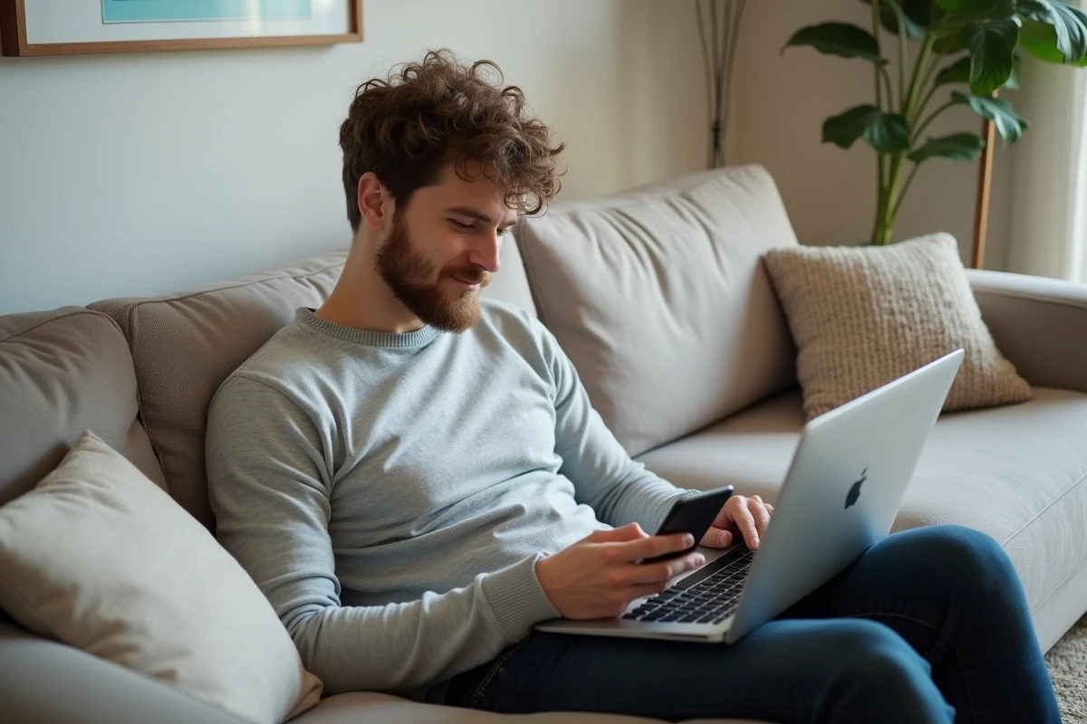 Jeune homme détendu utilisant son ordinateur à la maison