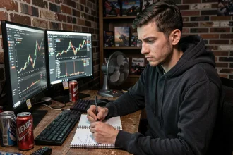 Jeune homme étudiant des graphiques boursiers sur deux écrans dans un bureau gaming pour débuter en bourse sur GTA 5