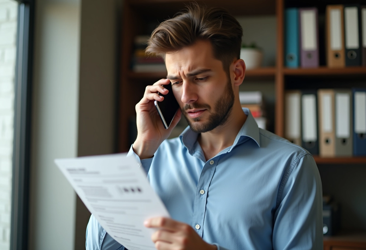 Jeune homme au bureau vérifiant un relevé bancaire