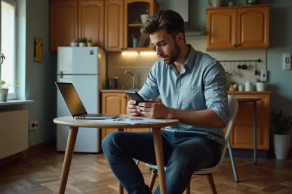 Jeune homme en jeans et chemise dans sa cuisine