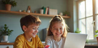 Adolescents souriants utilisant un ordinateur dans une cuisine lumineuse