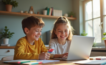Adolescents souriants utilisant un ordinateur dans une cuisine lumineuse
