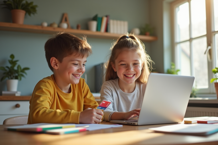 Adolescents souriants utilisant un ordinateur dans une cuisine lumineuse