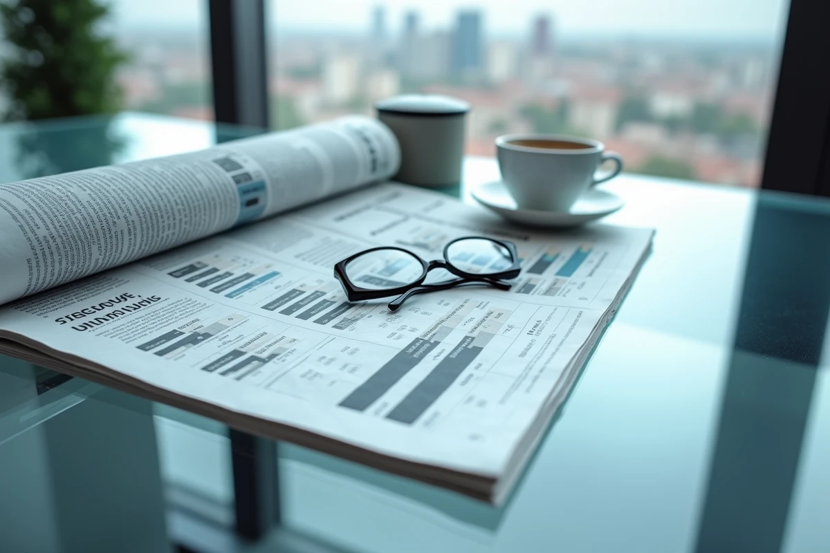 Journal financier ouvert sur un bureau en verre avec des graphiques de rémunération de dirigeants, symbolisant le débat public sur les salaires des élites françaises