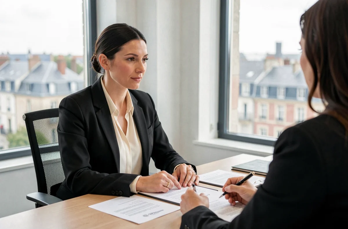 Katia Lamrous, notaire à Montargis, en consultation avec un client dans son bureau moderne