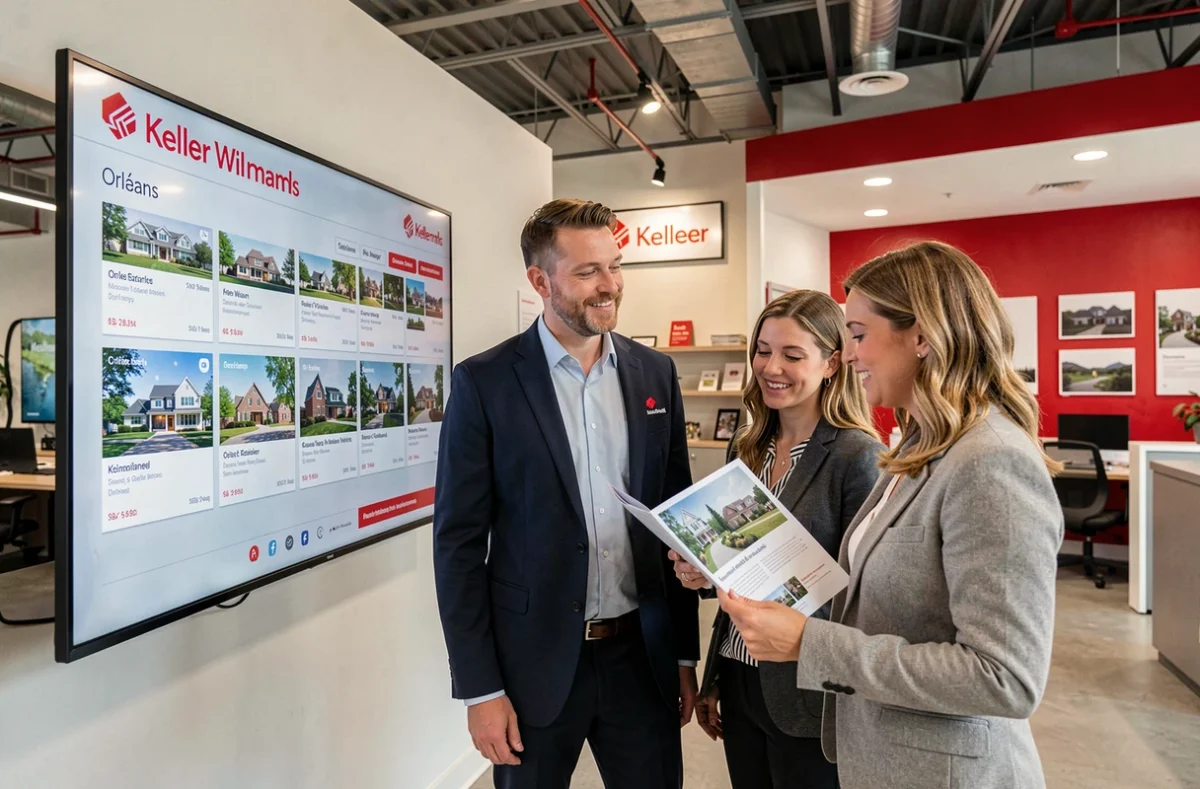 Agent immobilier de Keller Williams Infinity présentant des biens patrimoniaux à des clients dans l'agence immobilière à Orléans