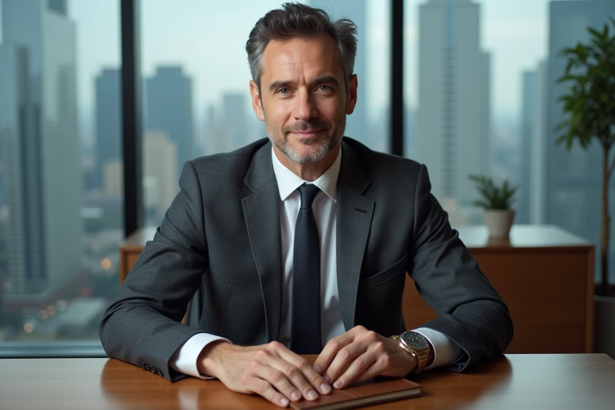 Portrait professionnel d'un financier en costume dans un bureau moderne avec vue sur la ville, style éditorial magazine