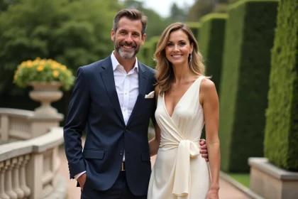Couple élégant en tenue de cérémonie lors d'une réception en plein air, évoquant un mariage discret dans un cadre luxueux
