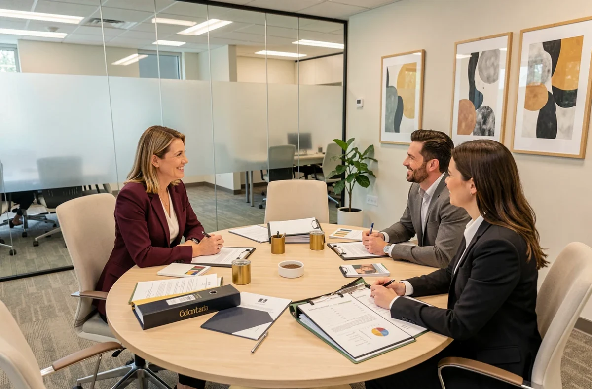 Stratège patrimoniale de L&E Conseil Finance Patrimoine présentant une solution sur mesure à des clients autour d'une table de réunion