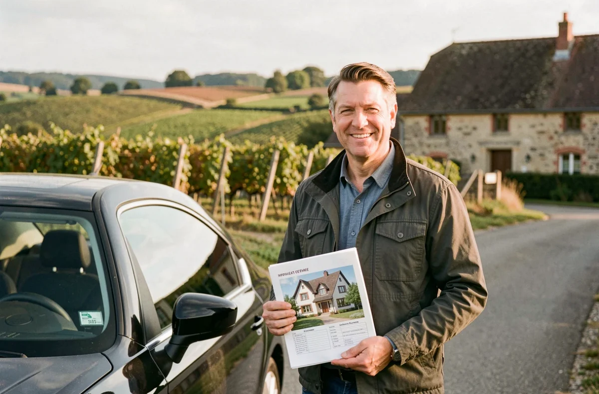 Mandataire immobilier indépendant posant près de sa voiture sur une route rurale en Bourgogne près d'Athée avec un dossier de propriété
