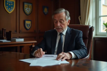 Maire en costume examinant un document officiel dans son bureau